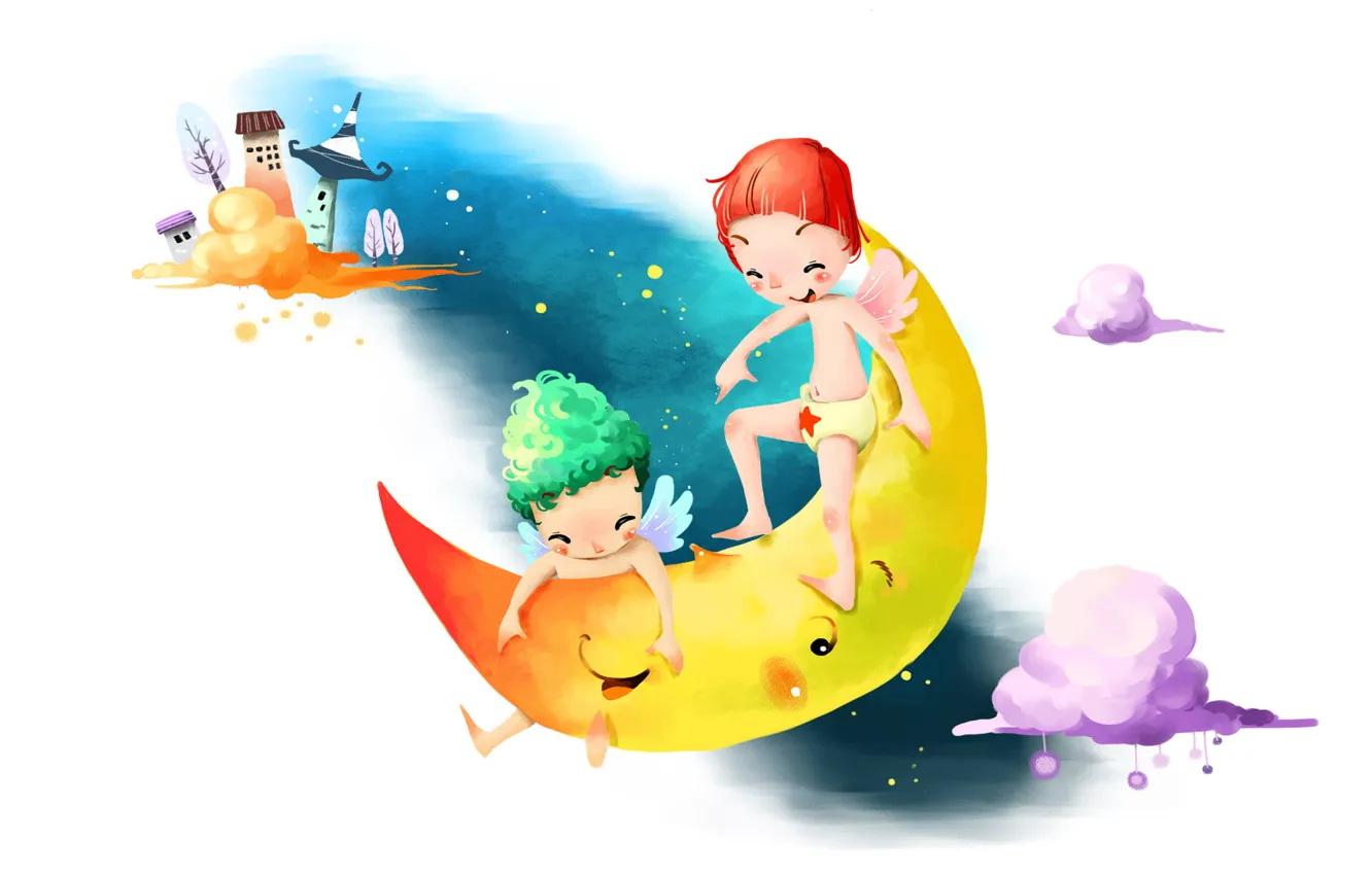Photo wallpaper the sky, clouds, fantasy, figure, home, wings, a month, kids