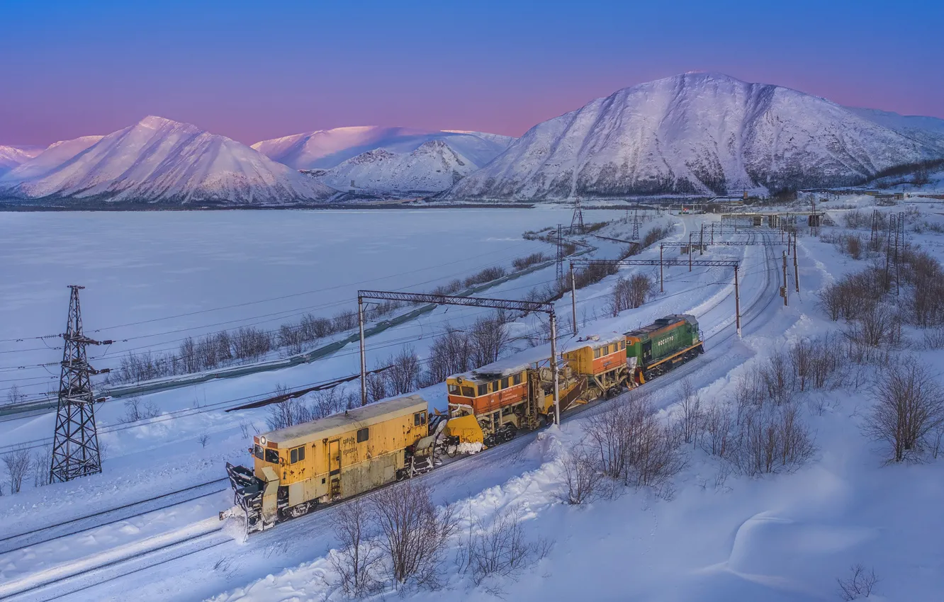 Photo wallpaper winter, snow, landscape, mountains, nature, train, railroad, Khibiny