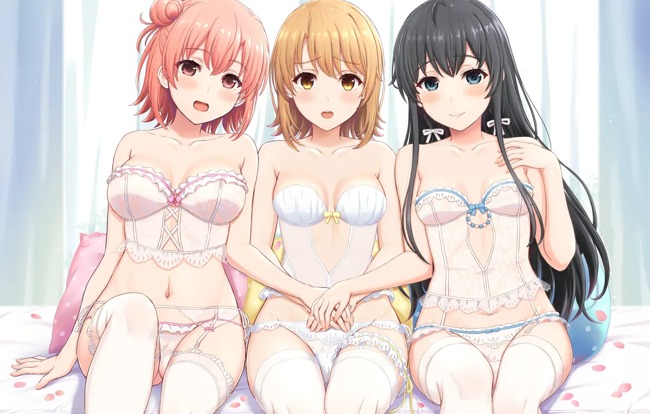 Photo wallpaper girl, sexy, lingerie, bra, cleavage, panties, thighhighs, long hair