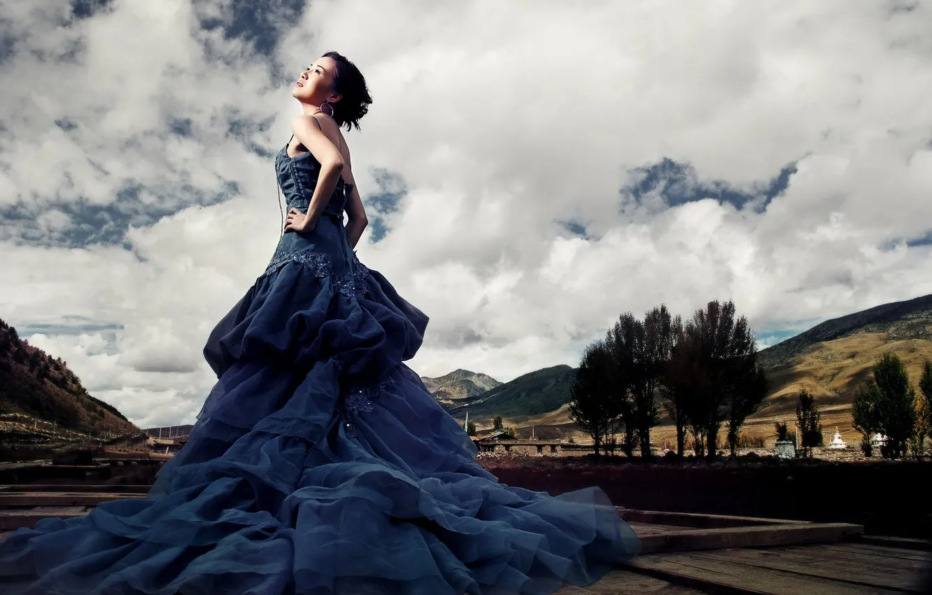Photo wallpaper the sky, landscape, blue, dress, Asian, is
