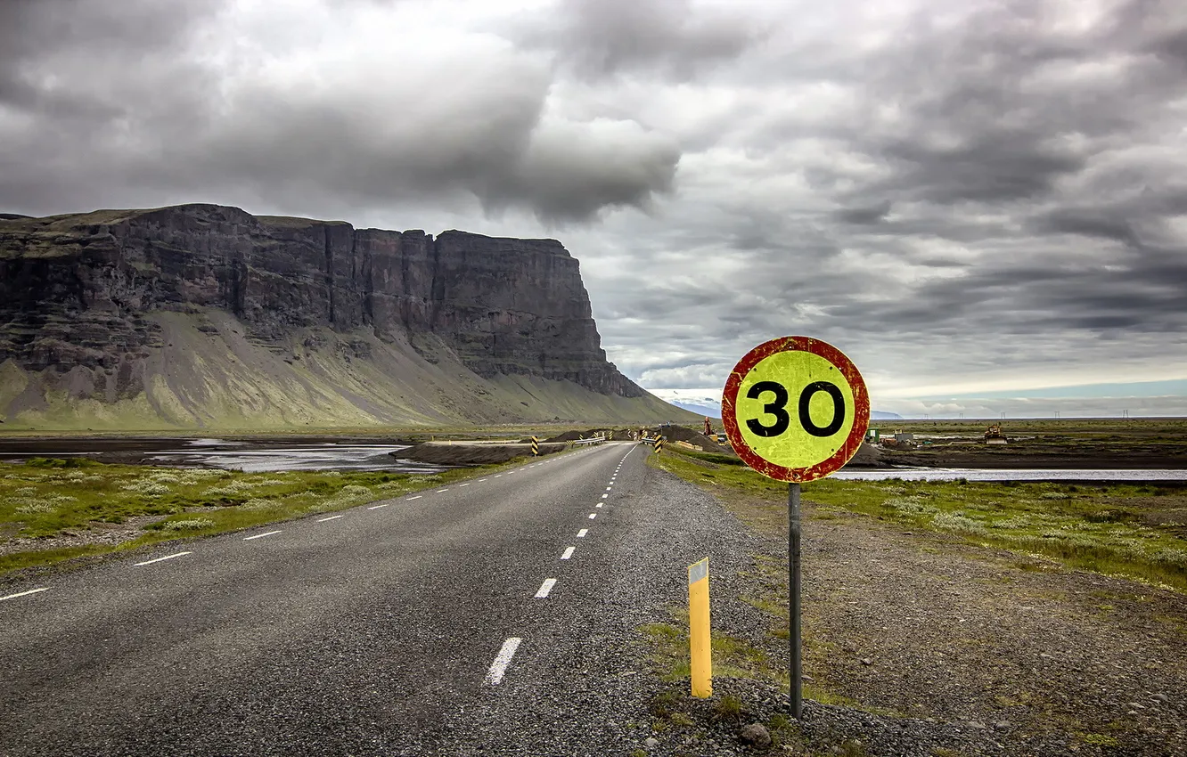 Photo wallpaper road, mountains, sign