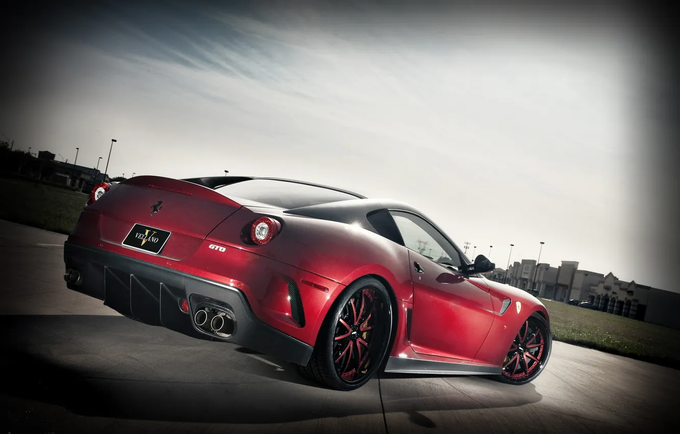 Photo wallpaper the sky, clouds, city, the city, shadow, Ferrari, red, Ferrari