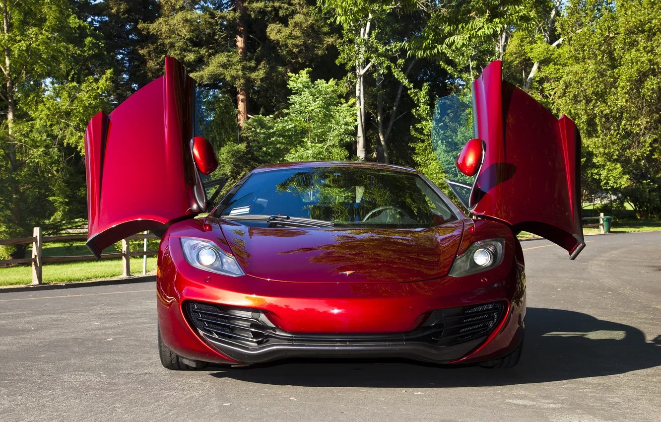 Photo wallpaper light, trees, reflection, lights, McLaren, shadow, MP4-12C, the front