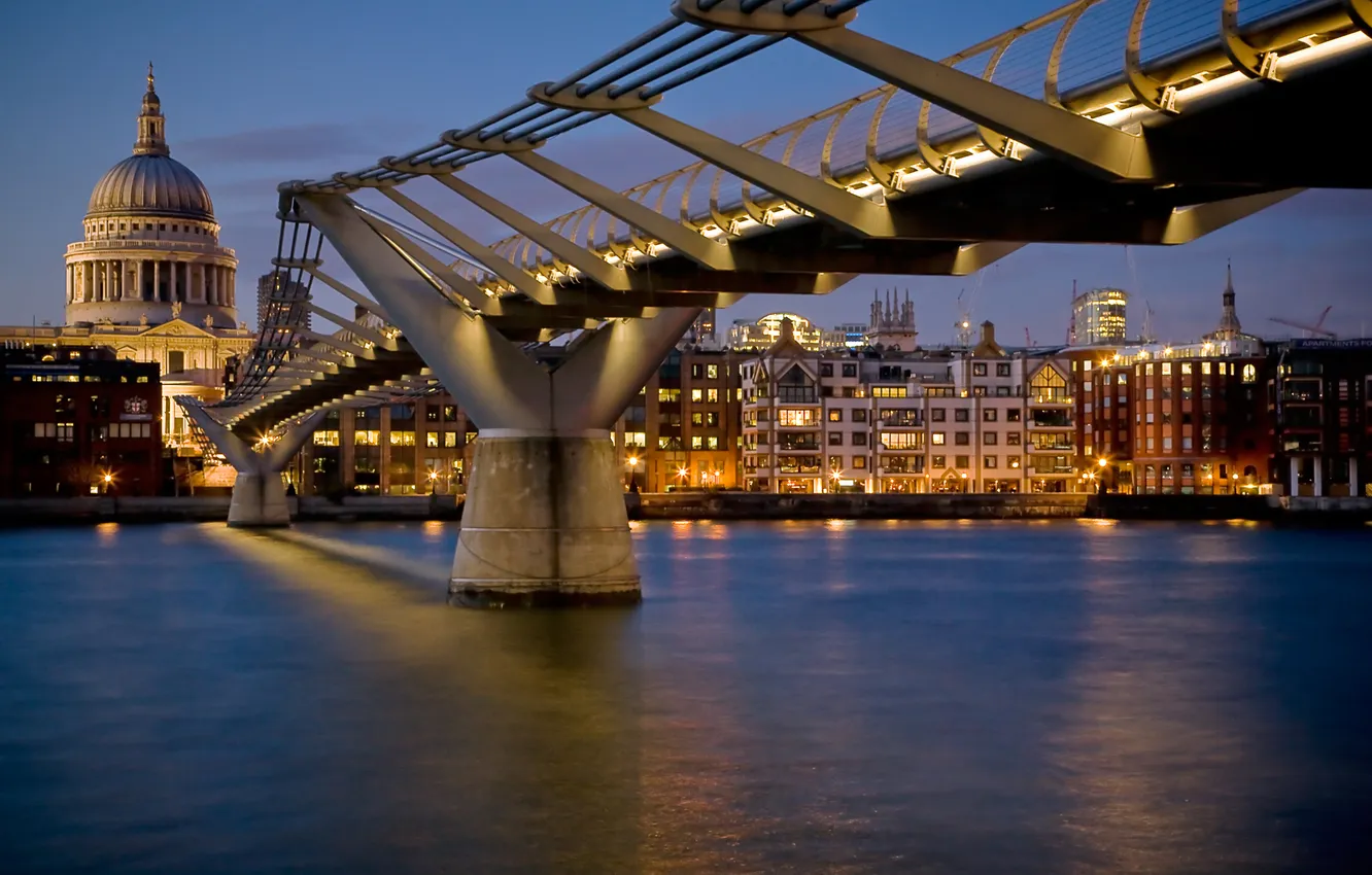 Photo wallpaper night, bridge, lights, river