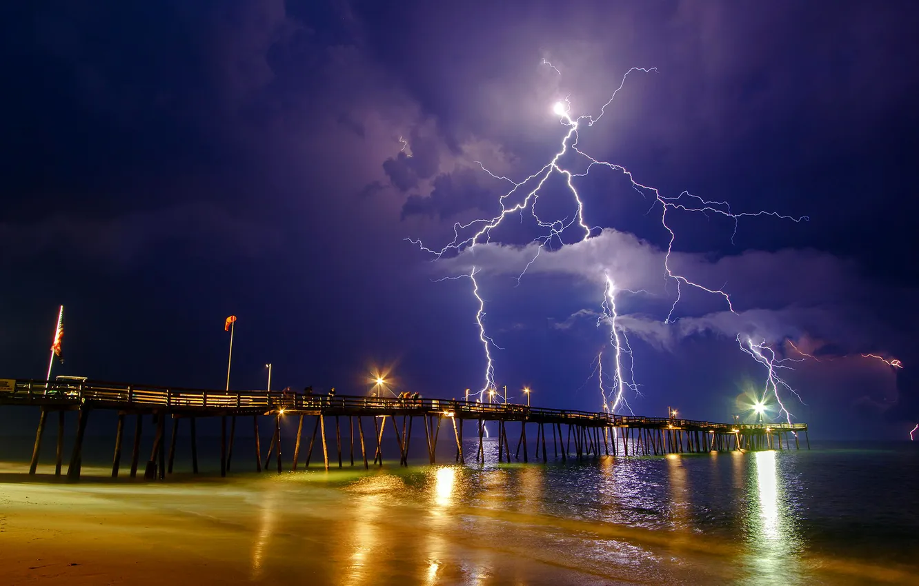 Photo wallpaper sea, the storm, the sky, clouds, shore, lightning, pierce