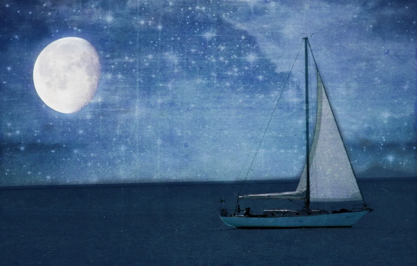 Photo wallpaper night, the moon, boat
