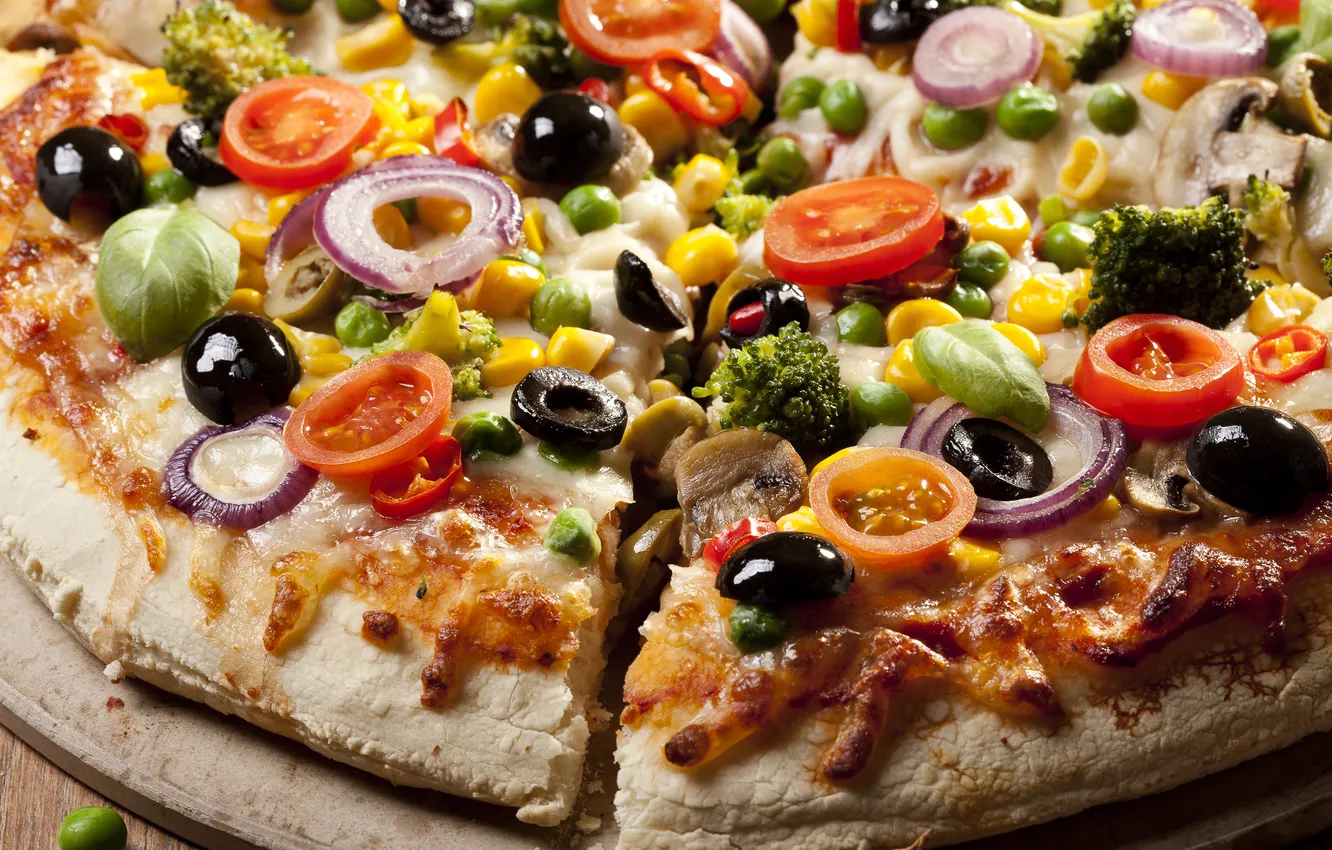 Photo wallpaper mushrooms, pepper, pizza, tomatoes, olives, sausage, filling, broccoli