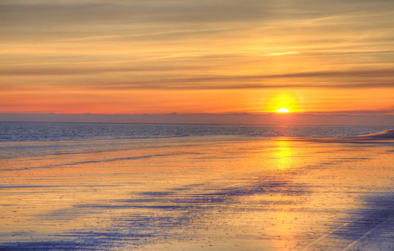 Photo wallpaper sea, beach, clouds, sunset, horizon, orange sky