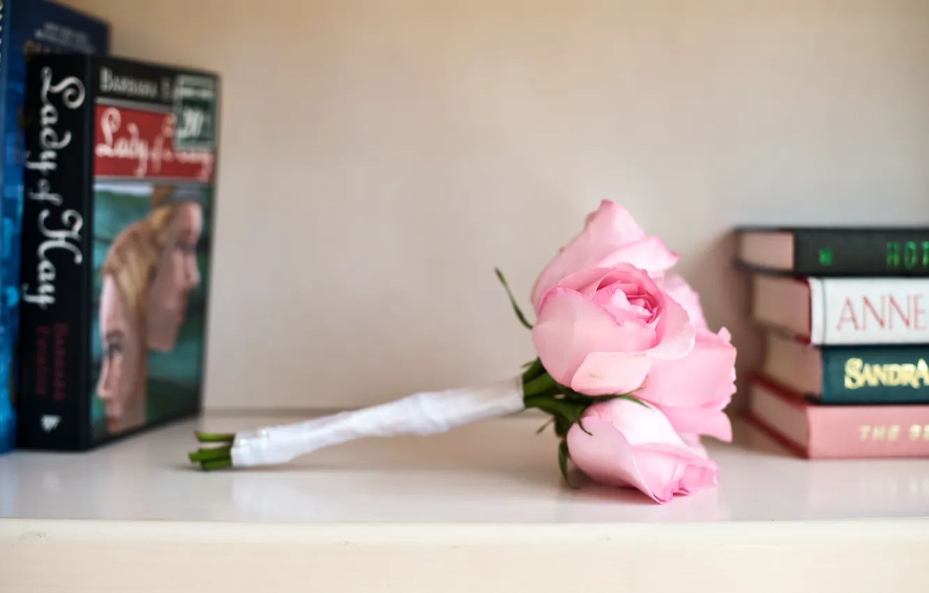 Photo wallpaper flowers, books, roses, bouquet, petals, pink, wedding
