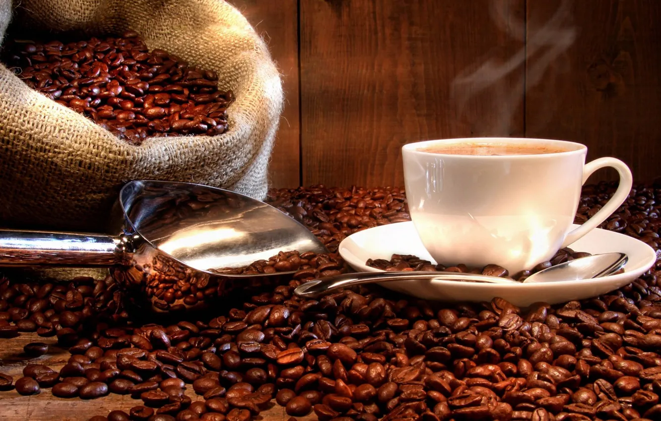 Photo wallpaper white, coffee, Cup, bag, coffee beans