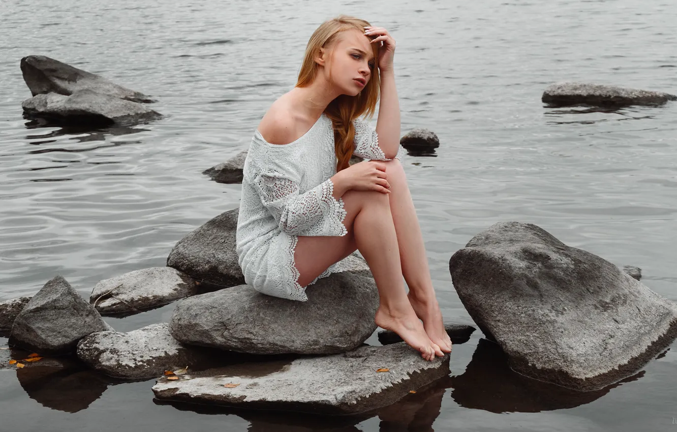 Photo wallpaper girl, stones, sitting, Zlobin Awesome, Valery Zlobin