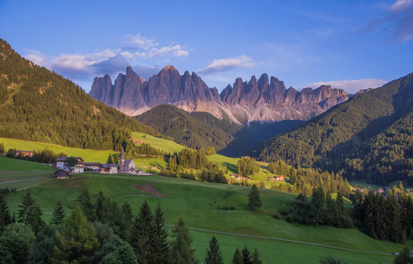 Photo wallpaper field, mountains, village, Alps, Church, house