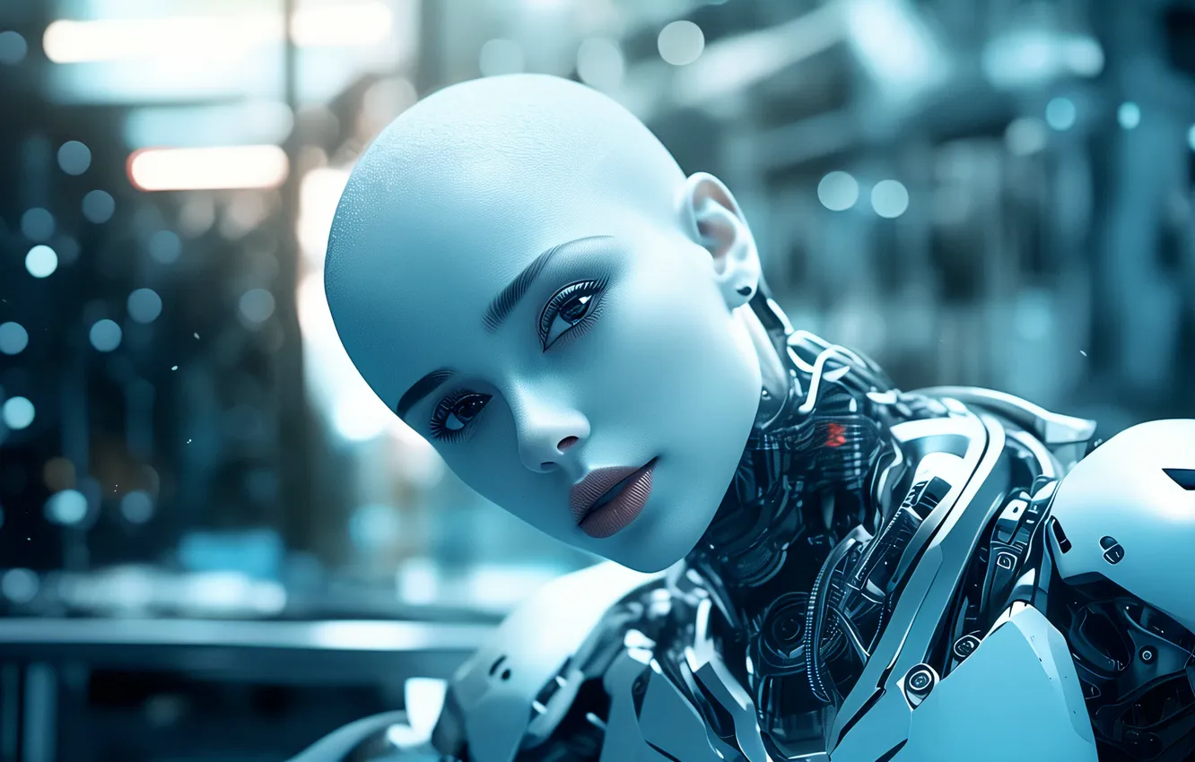 Photo wallpaper look, girl, face, fiction, mechanism, robot, bald, cyborg