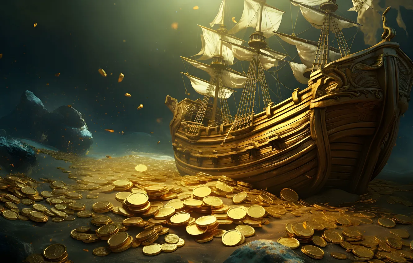 Photo wallpaper sea, gold, ship, money, coins, treasure, sunken, the bottom of the sea