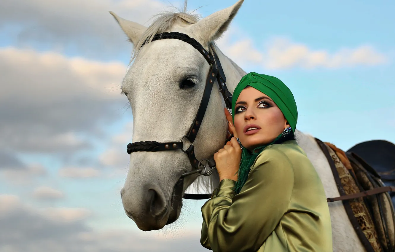 Photo wallpaper the sky, beauty, sky, beauty, beautiful woman, white horse, white horse, beautiful woman