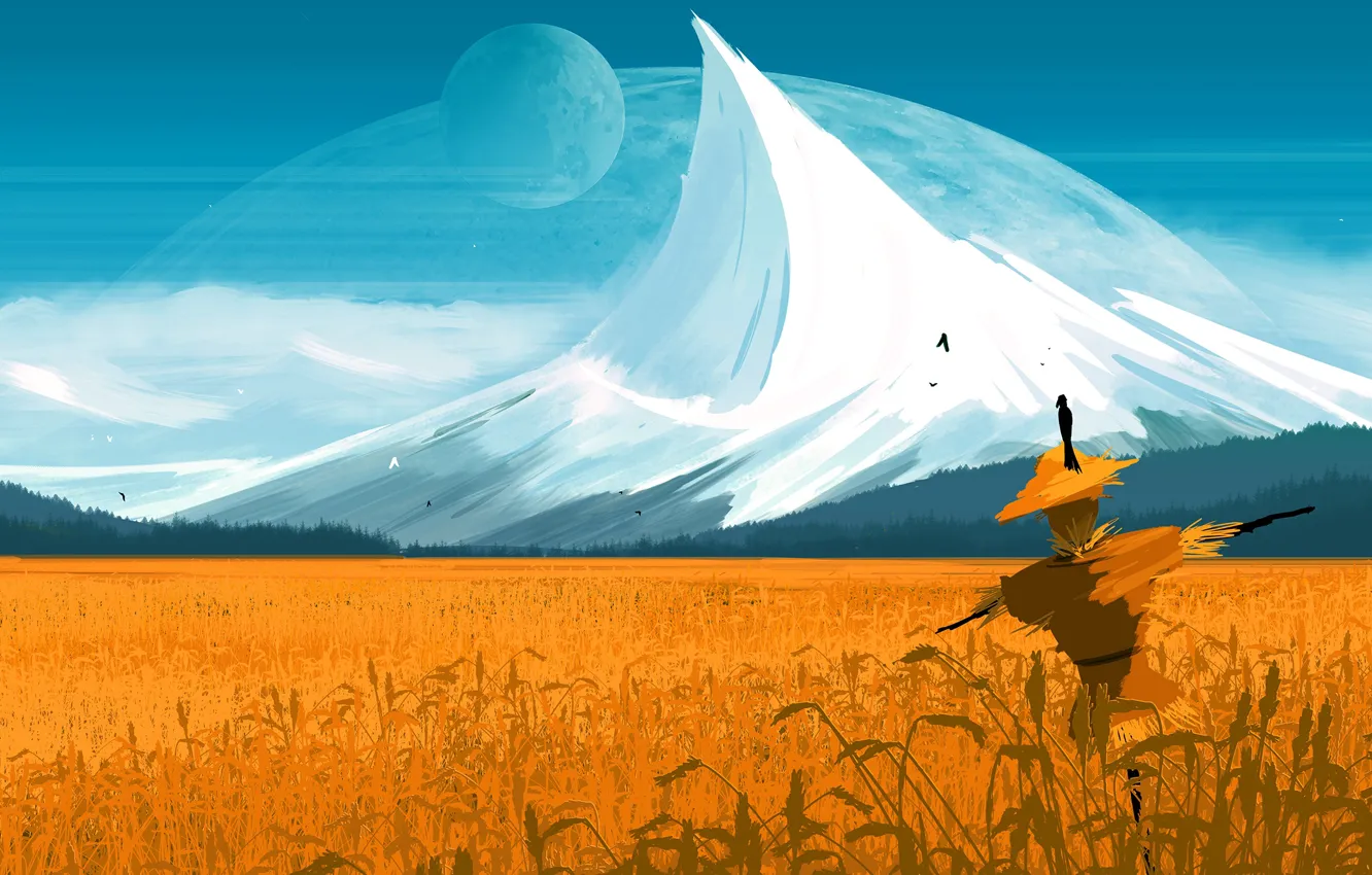 Photo wallpaper sky, field, mountain, birds, planet, artist, digital art, artwork