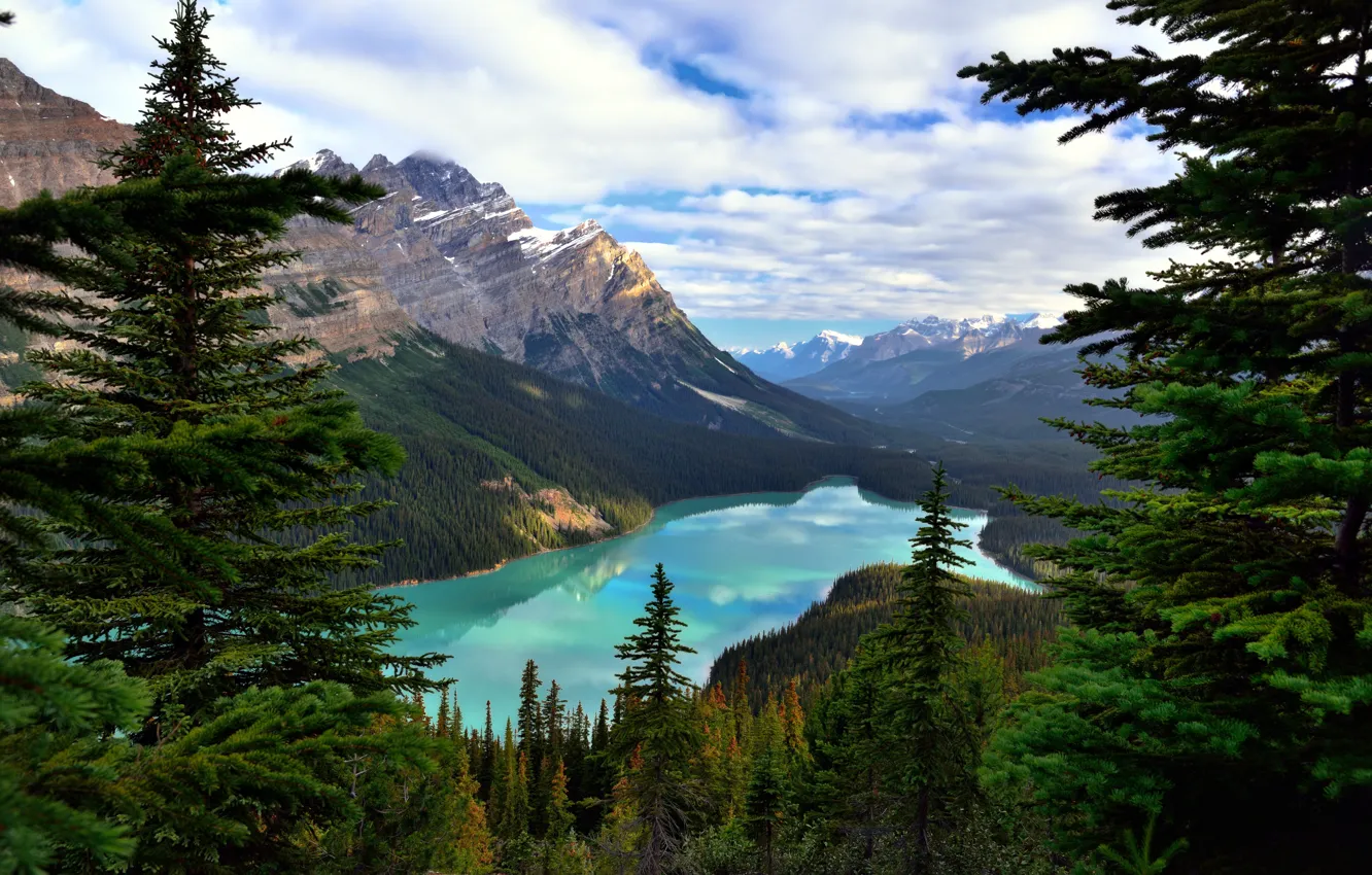 Photo wallpaper forest, clouds, trees, mountains, lake, rocks, Canada, Albert