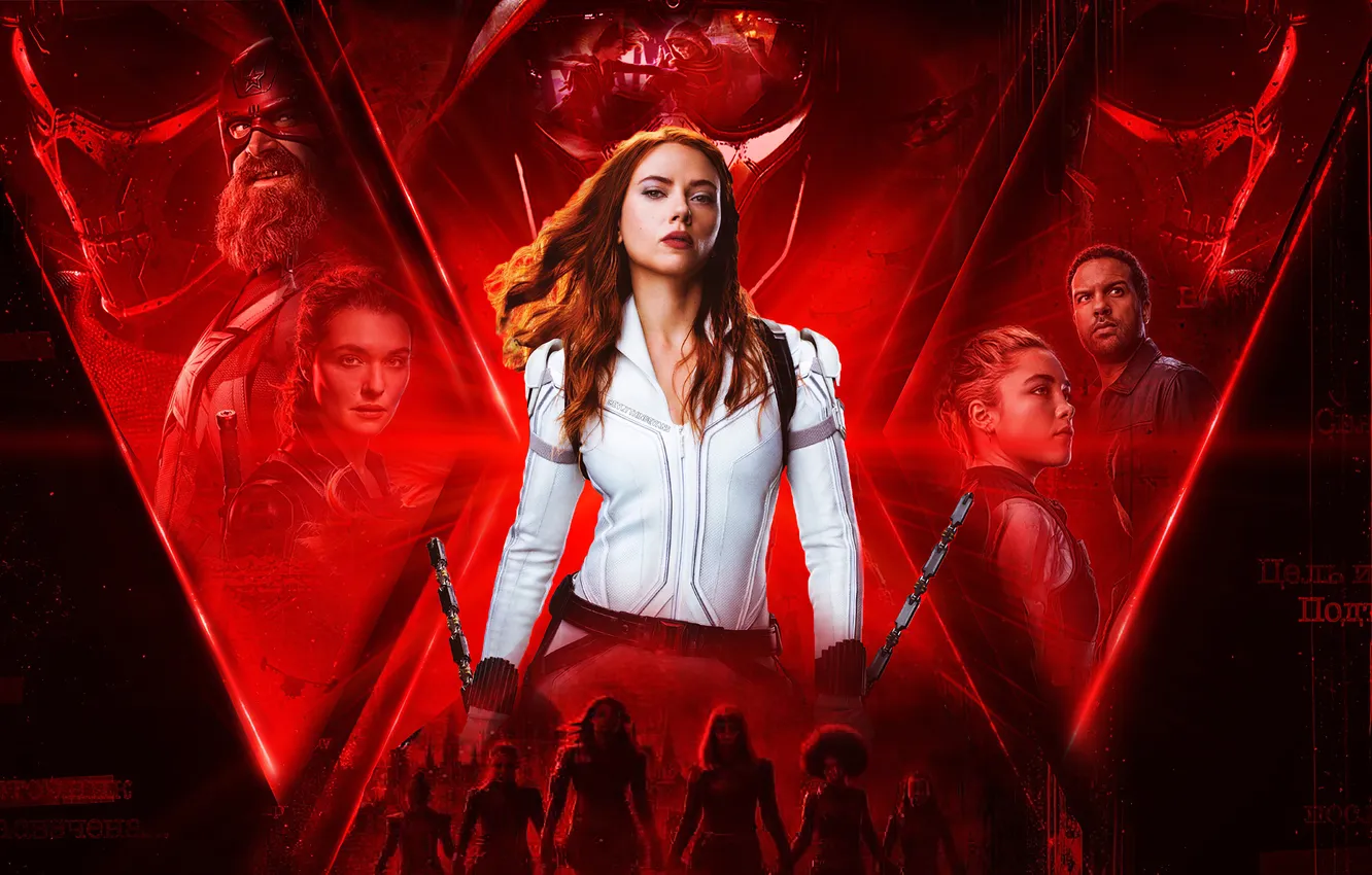 Photo wallpaper fiction, Scarlett Johansson, costume, Scarlett Johansson, beauty, Rachel Weisz, poster, red background