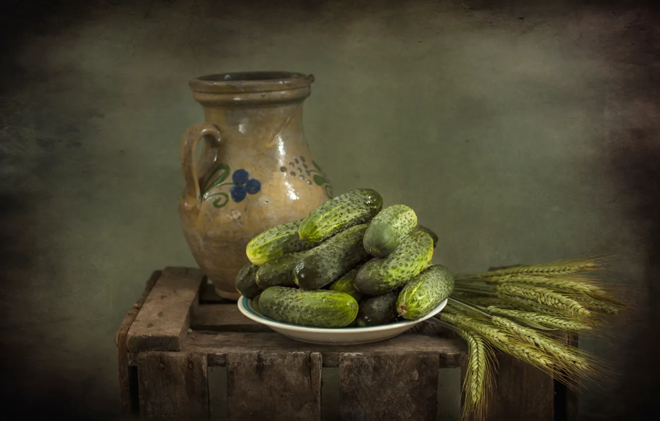 Photo wallpaper spikelets, pitcher, still life, cucumbers