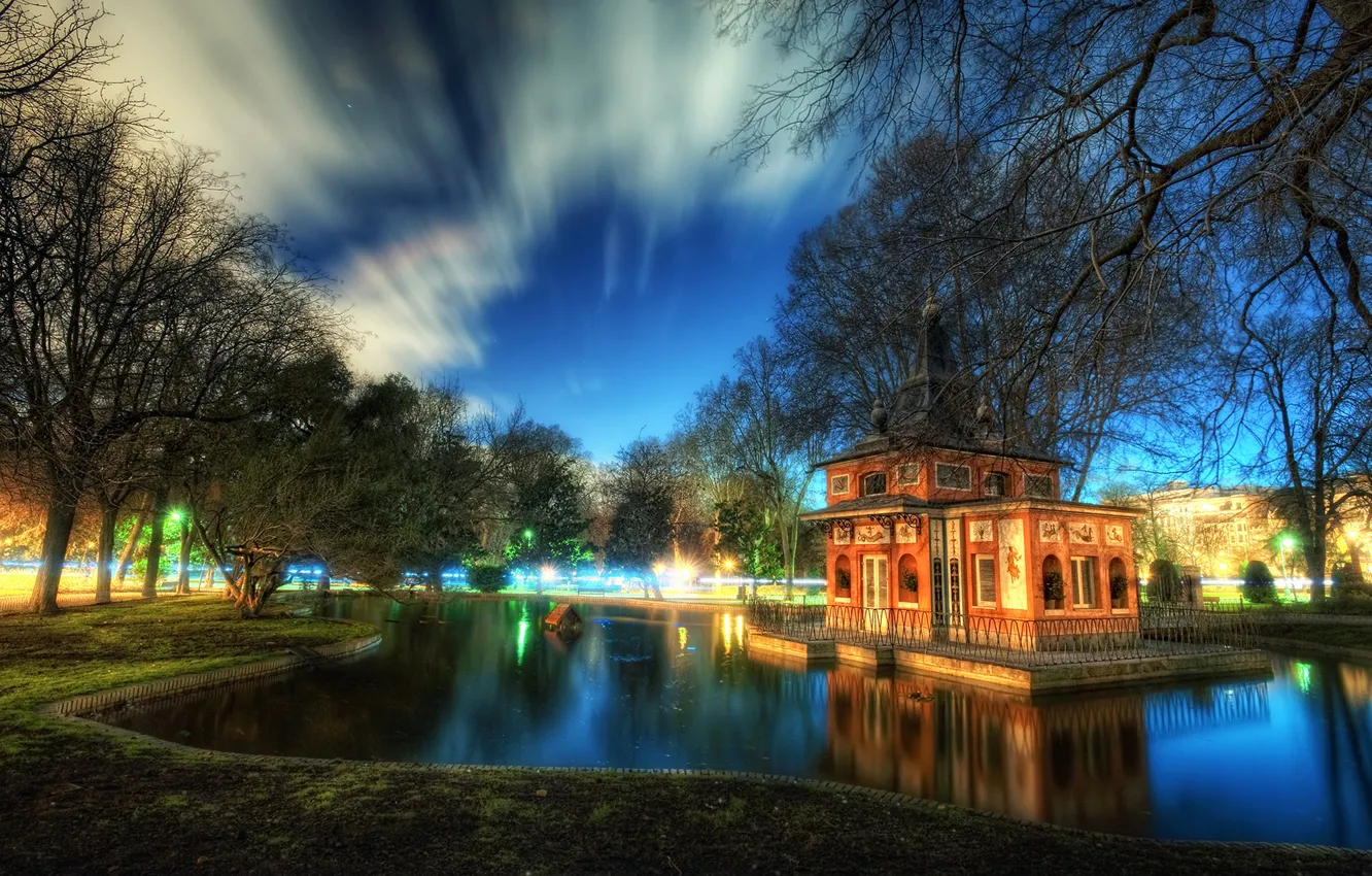 Photo wallpaper the sky, clouds, trees, pond, Park, house