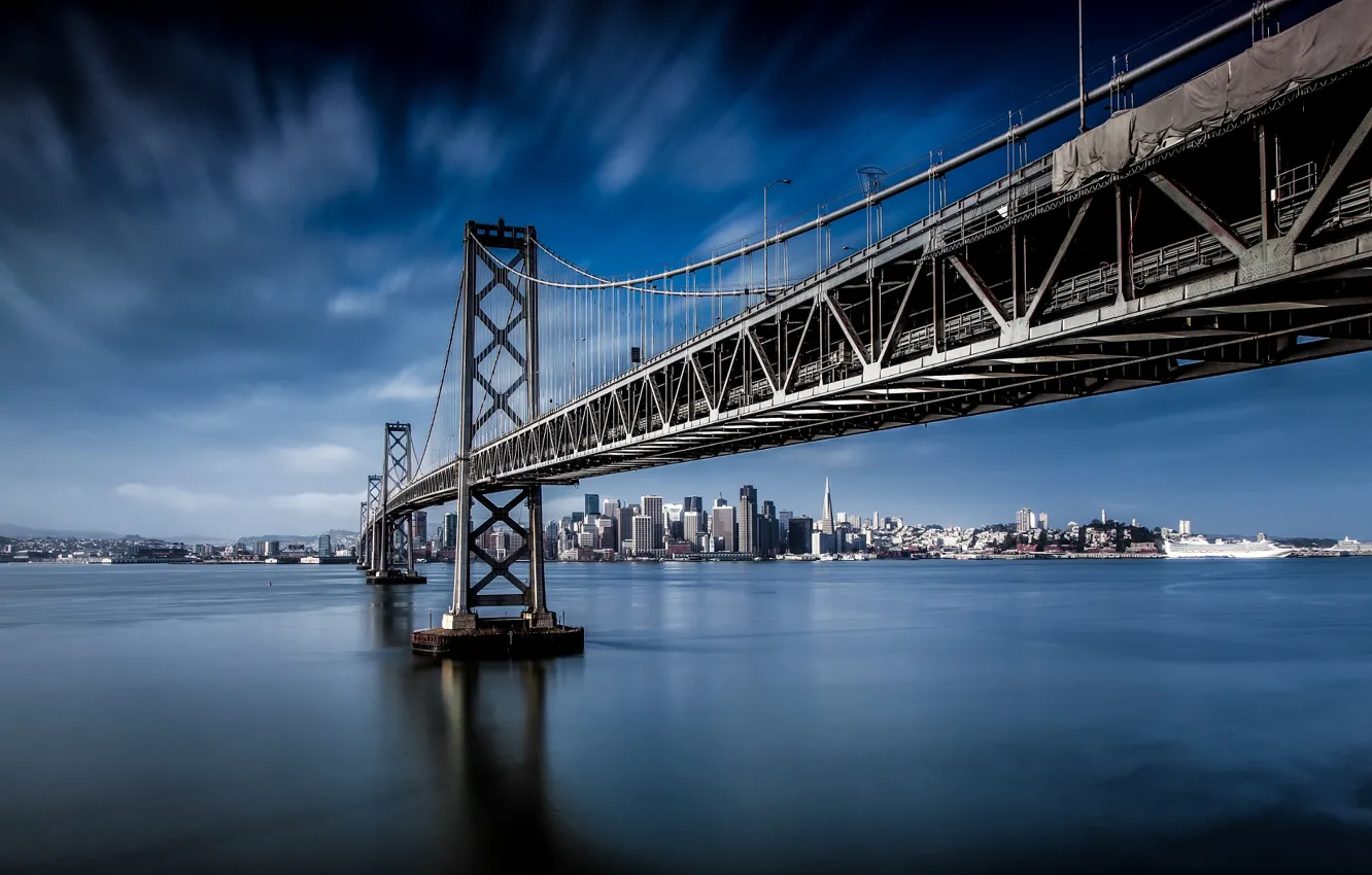 Photo wallpaper water, bridge, dawn, skyscrapers, San Francisco