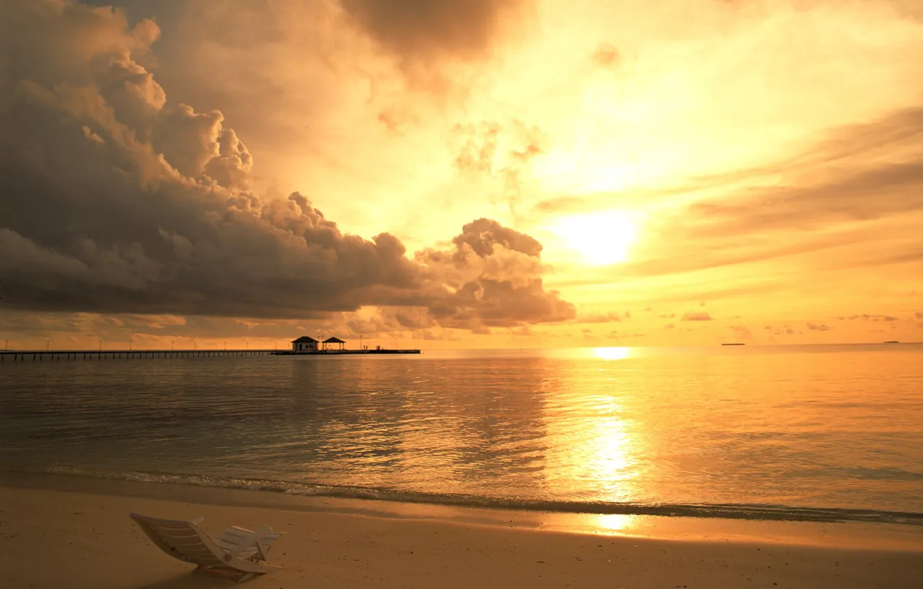 Photo wallpaper sea, clouds, sunset, Chaise