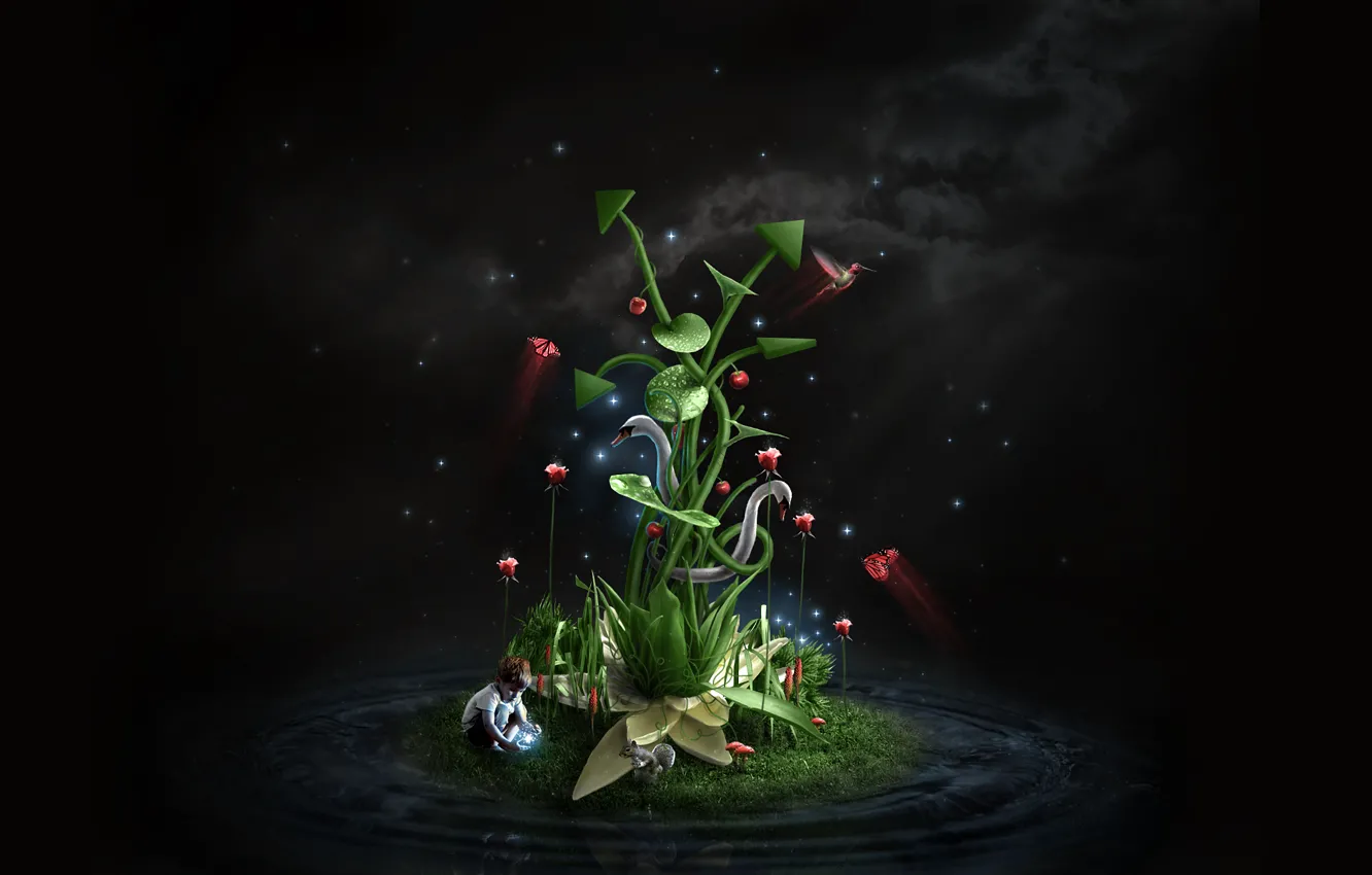 Photo wallpaper flowers, children, fireflies, butterfly, protein, swans