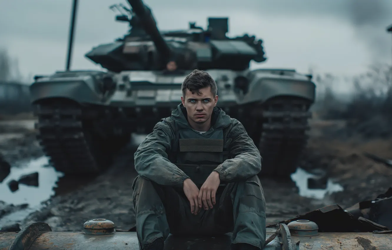 Photo wallpaper soldiers, tank, male, tankers, halt, digital art, AI art, The Art of Artificial Intelligence