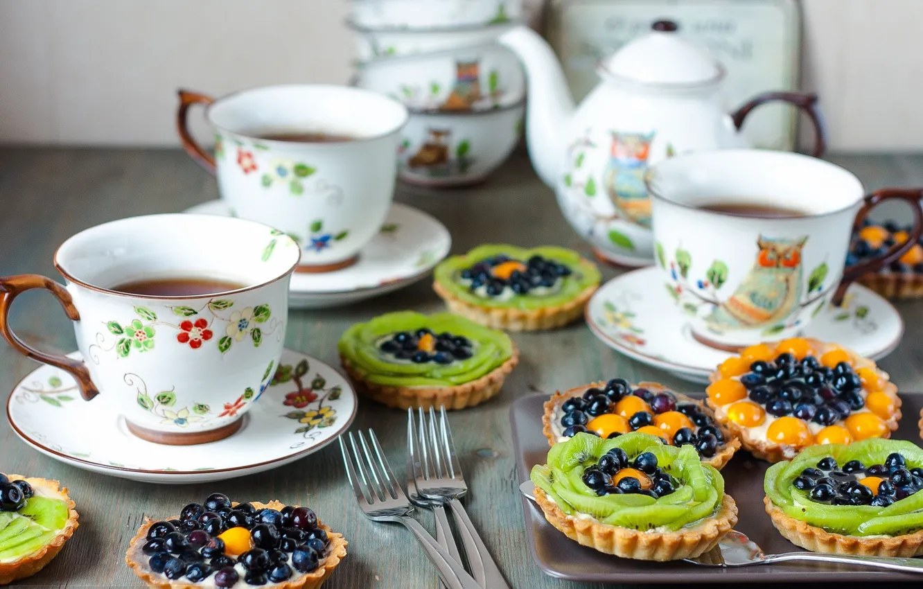 Photo wallpaper tea, coffee, food, kiwi, pie, Cup, fruit, cream