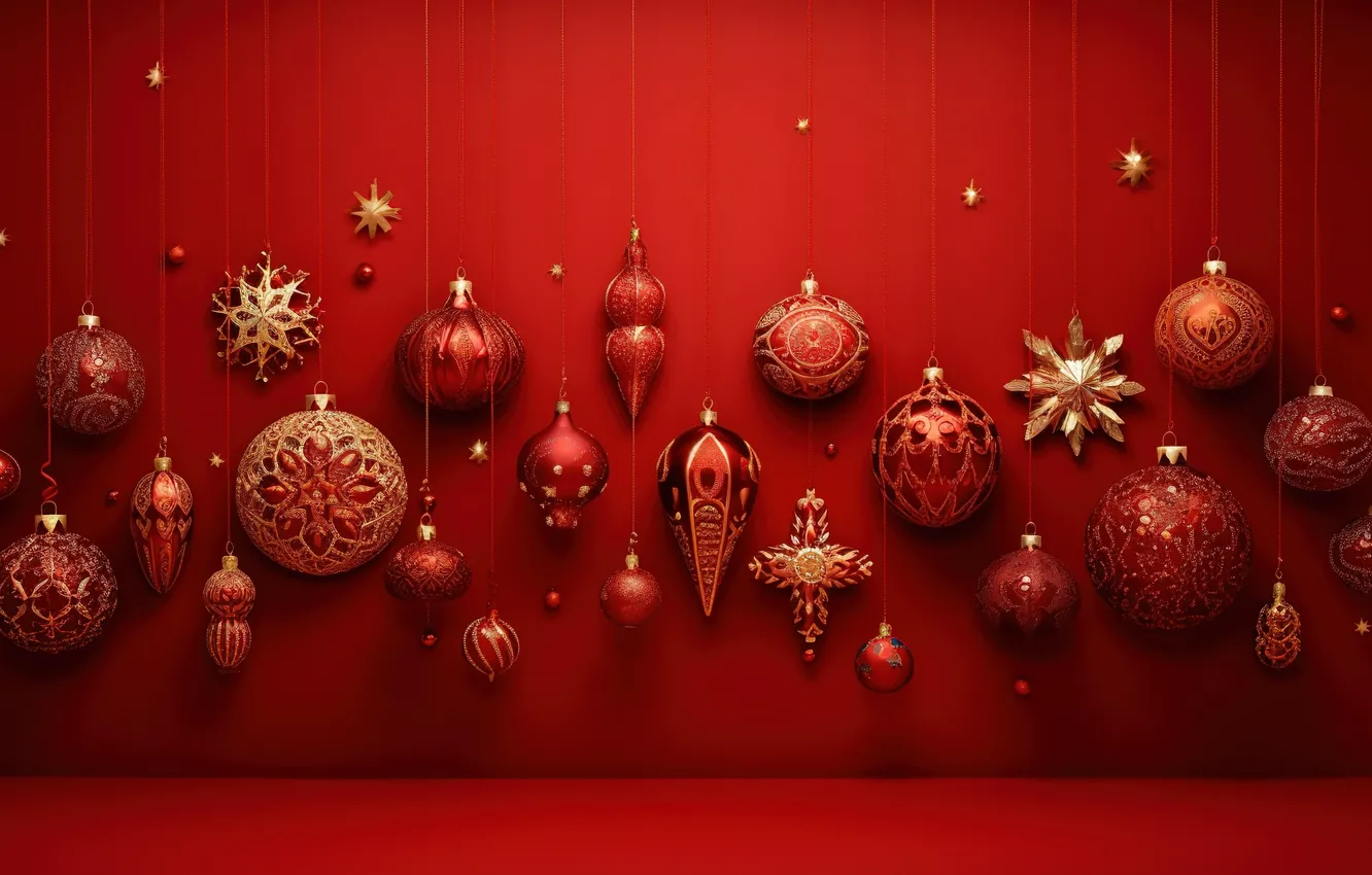 Photo wallpaper decoration, red, background, balls, new year, Christmas, red, golden
