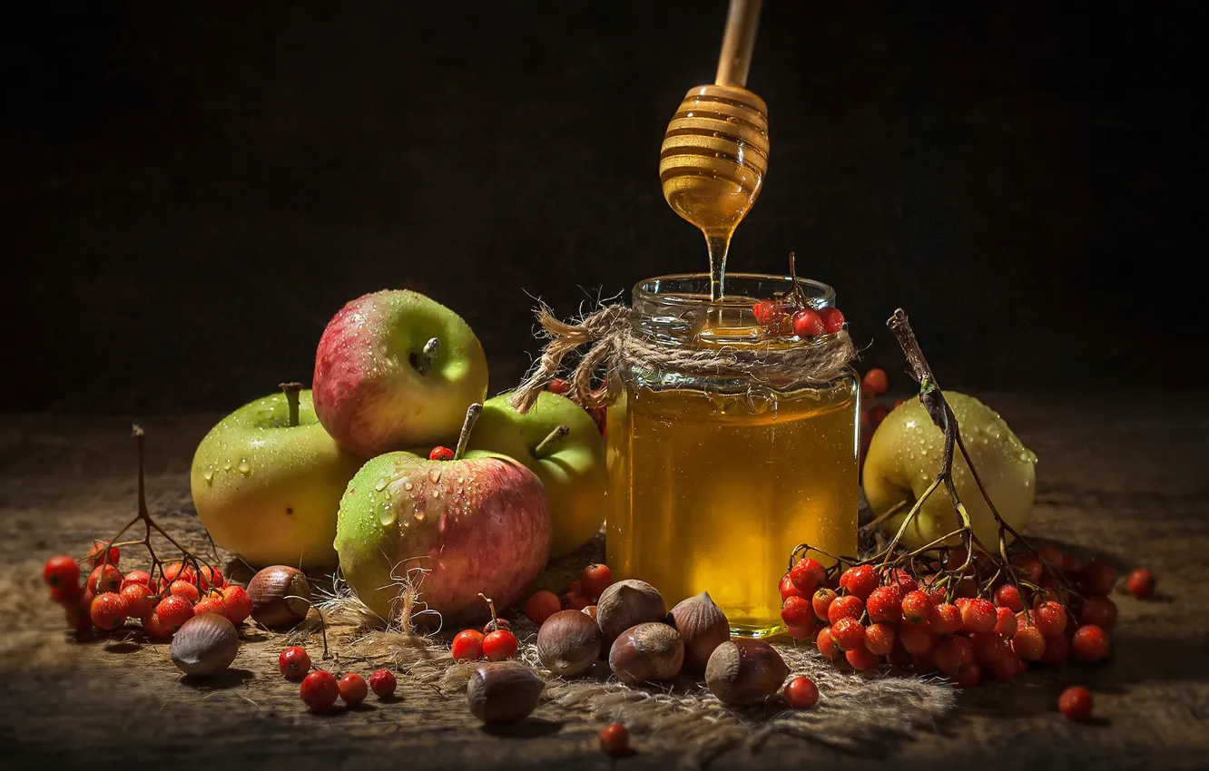 Photo wallpaper apples, Bank, nuts, honey, Rowan, bunches, jar, Vladimir Volodin