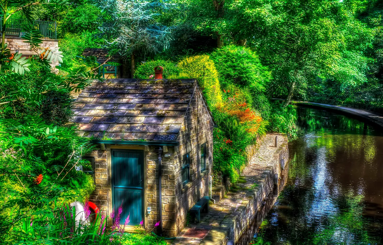 Photo wallpaper greens, water, trees, England, treatment, house, the bushes, Uppermill