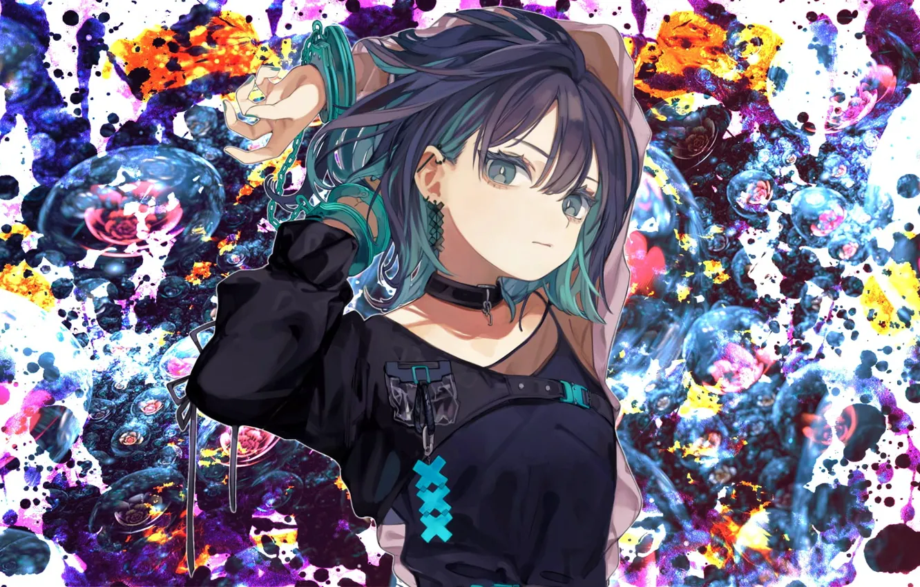 Photo wallpaper flowers, pose, anime, brunette, girl, girl, gesture, anime