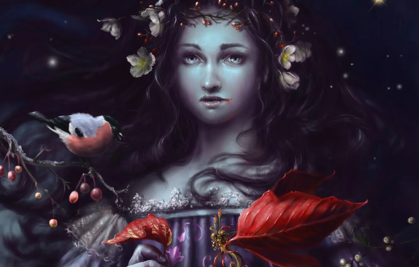 Photo wallpaper leaves, girl, flowers, branches, berries, art, bullfinch, puansetiya