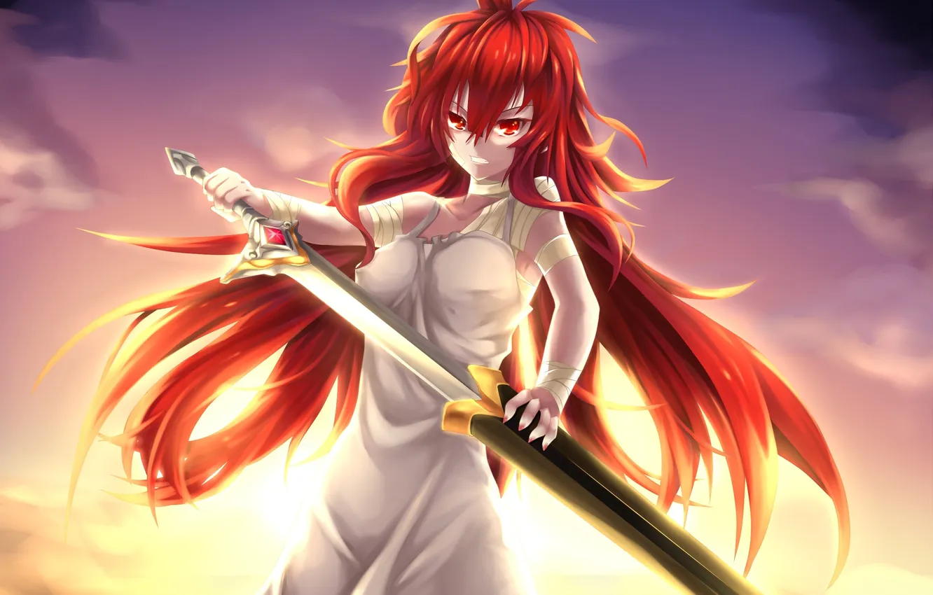 Photo wallpaper the sky, girl, clouds, weapons, anger, sword, anime, art