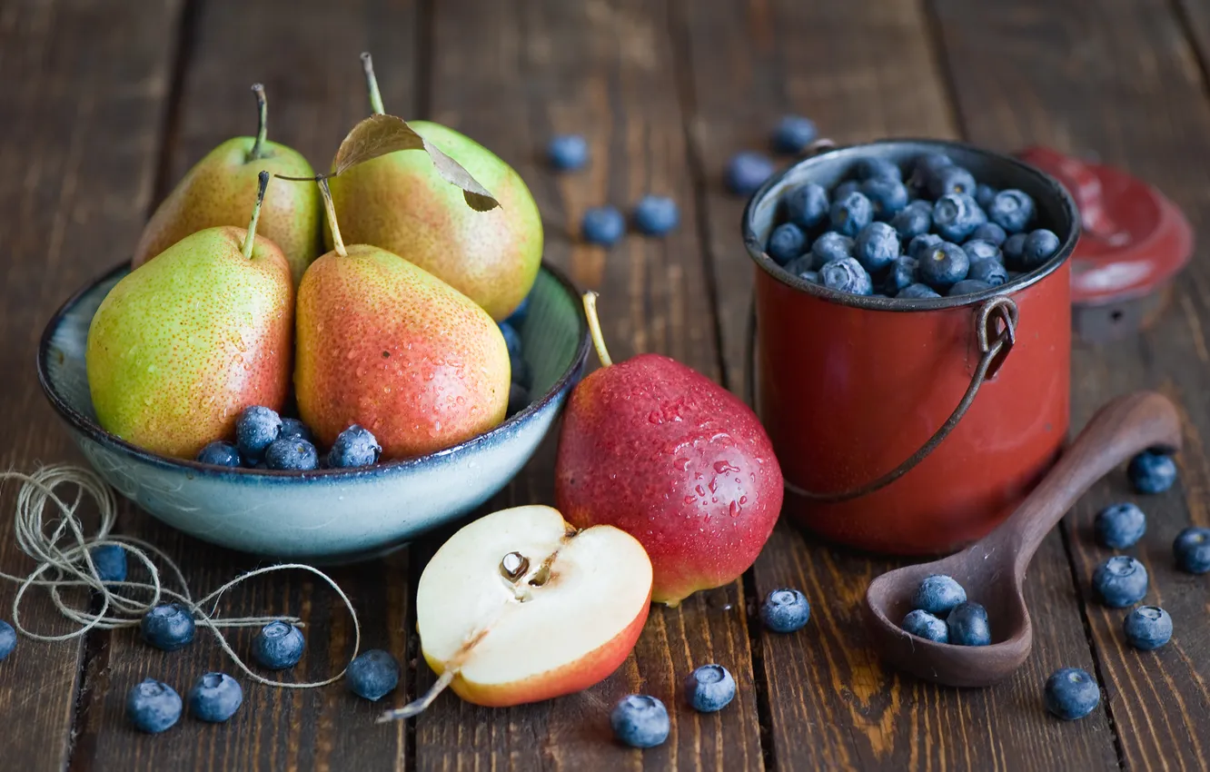 Photo wallpaper berries, food, blueberries, spoon, dishes, fruit, still life, pear