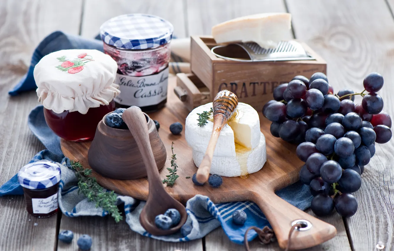 Photo wallpaper berries, Board, cheese, blueberries, honey, grapes, jars, spoon