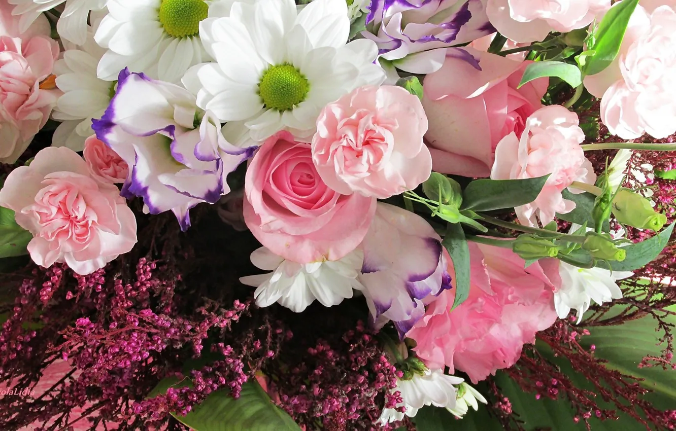 Photo wallpaper roses, bouquet, pink, chrysanthemum, clove