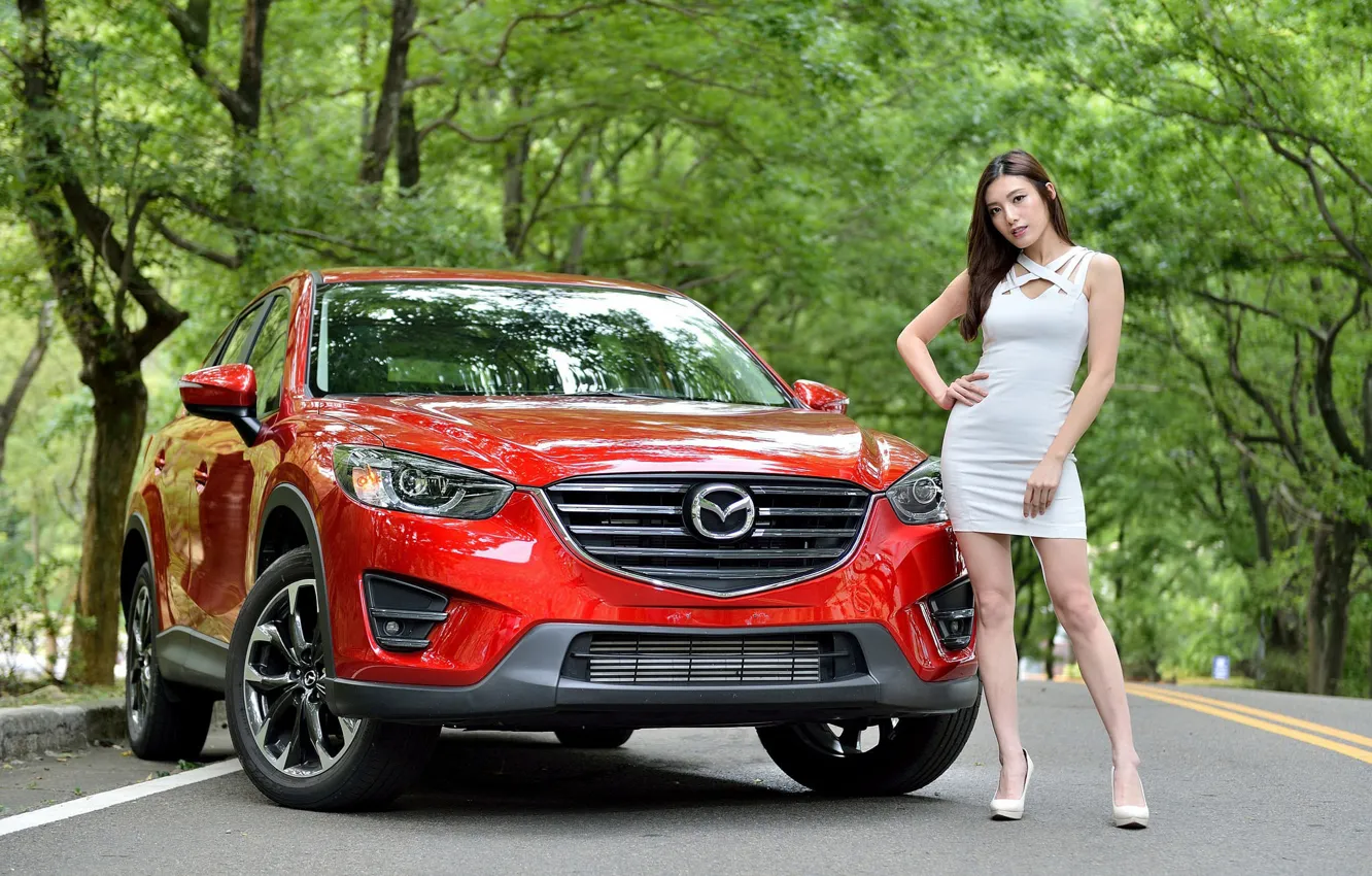 Photo wallpaper look, girl, Mazda, Asian, beautiful girl, red car, posing on the car