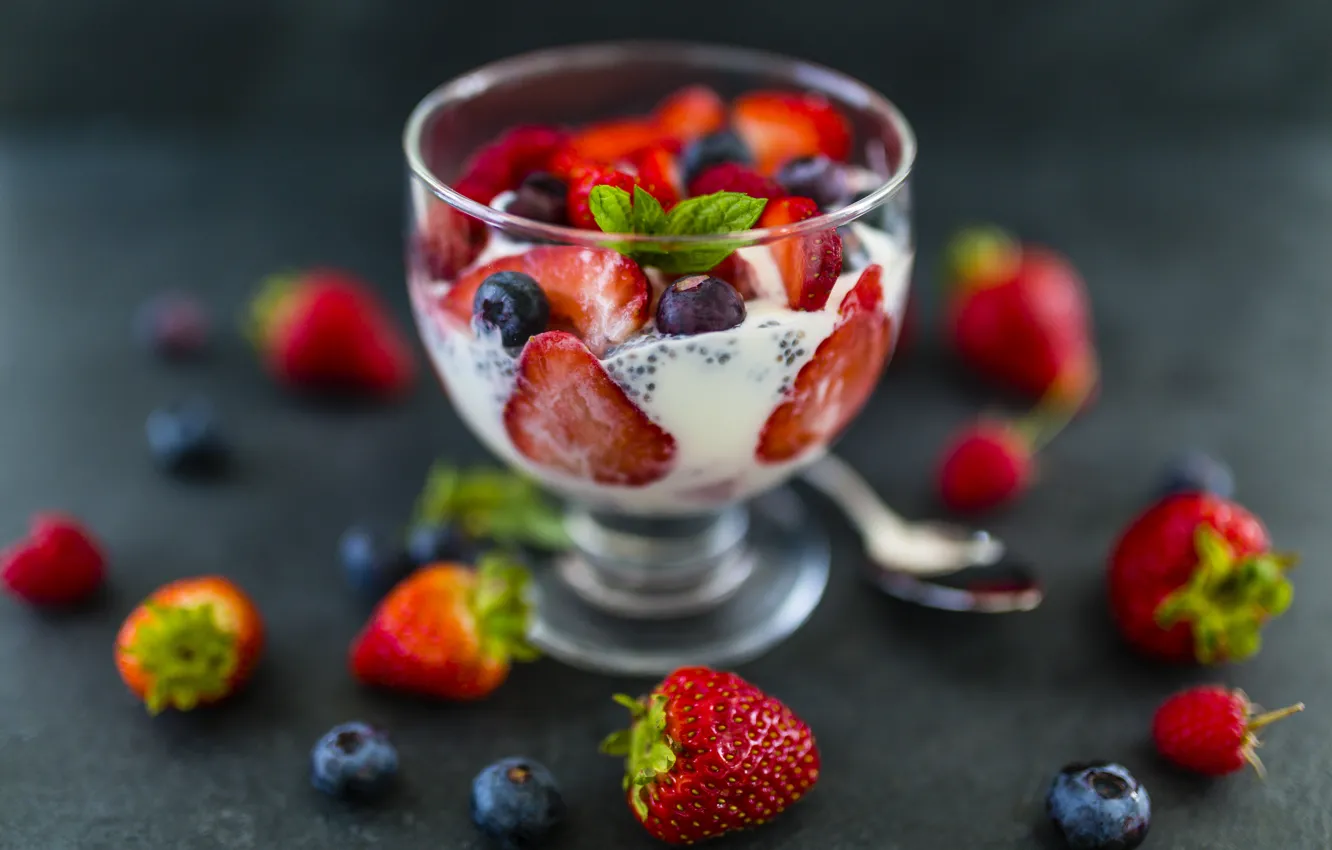 Photo wallpaper food, blueberries, strawberry, ice cream, dessert, sweet