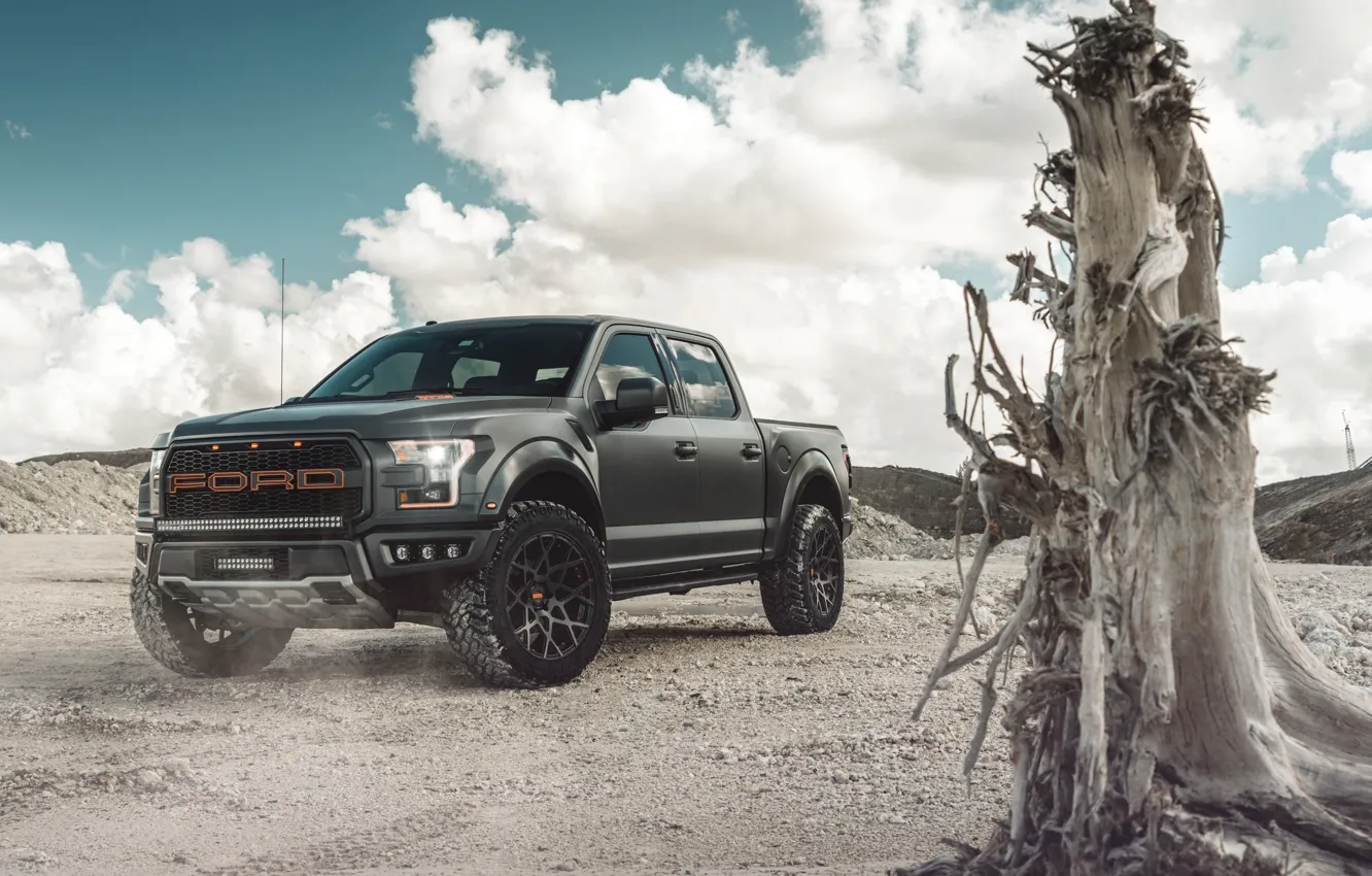 Photo wallpaper Ford, black, Raptor, sand, pickup, F-150, Wheels, Rims