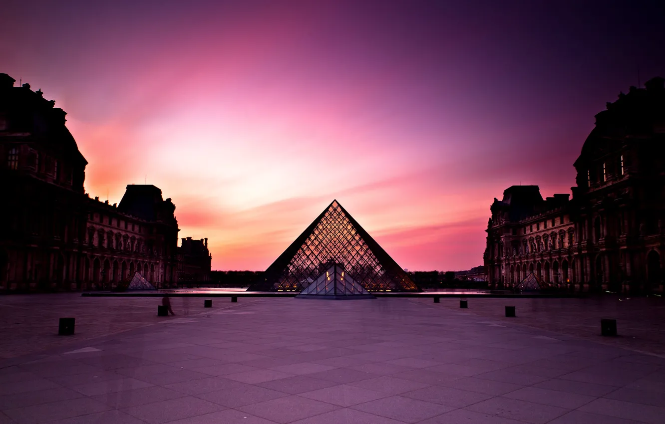 Photo wallpaper sunset, people, France, Paris, The city, The Louvre, day, pyramid