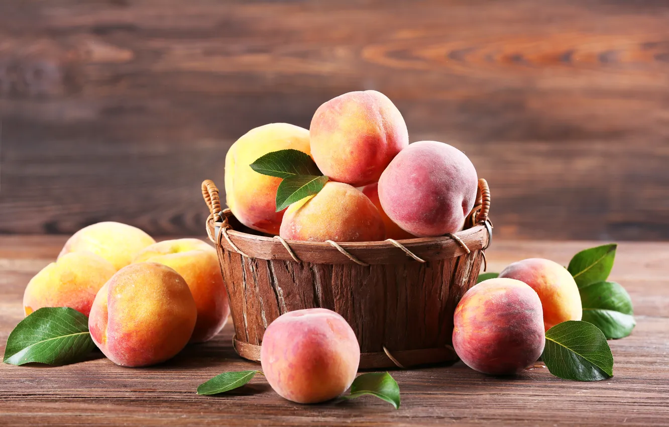 Photo wallpaper leaves, basket, fruit, peaches