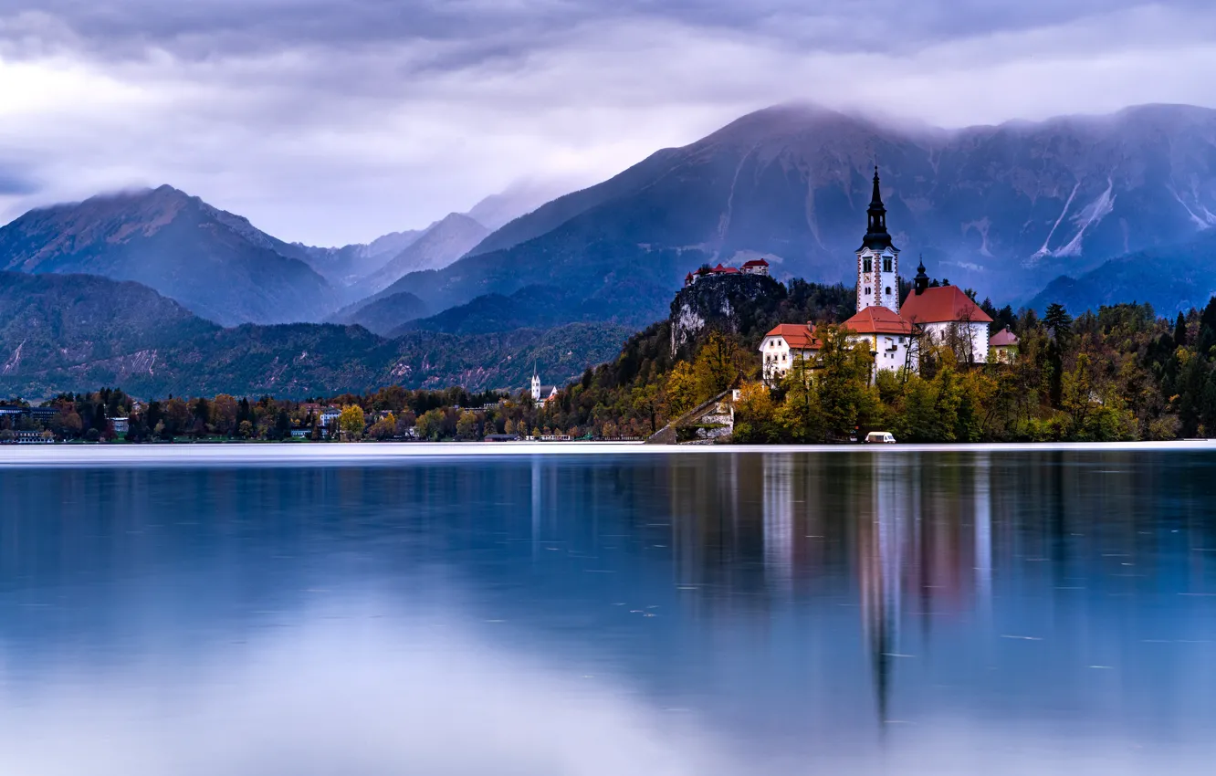Photo wallpaper mountains, shore, Austria, Church, pond, Hallstatt