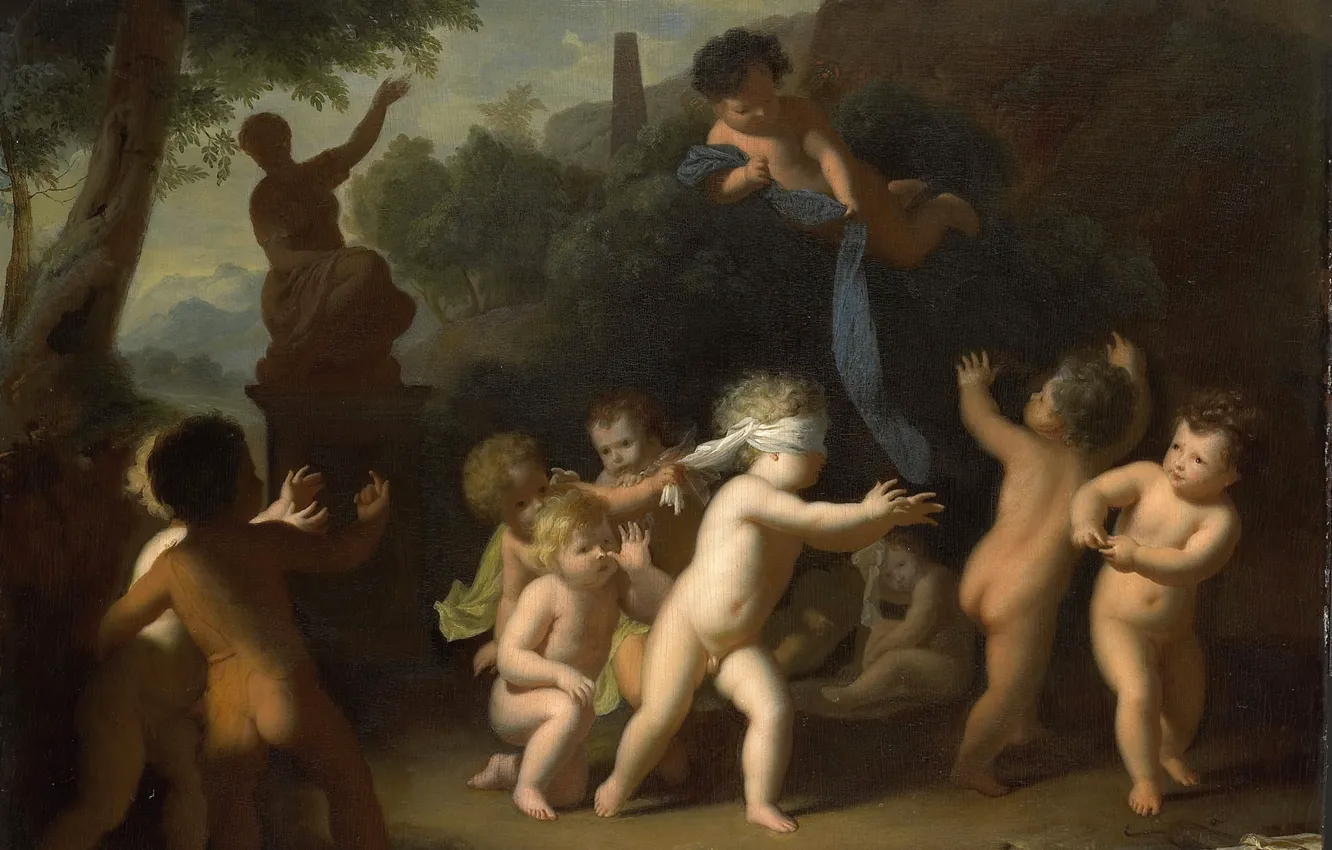 Photo wallpaper trees, oil, picture, mythology, Hendrik van Limborch, Playing Putti