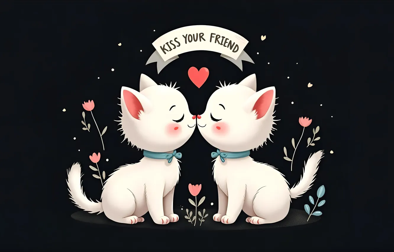 Photo wallpaper cat, love, flowers, the inscription, kiss, hearts, white, black background