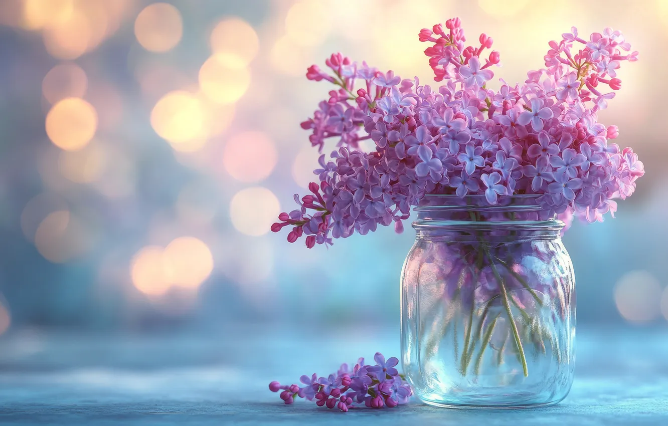 Photo wallpaper light, flowers, bouquet, spring, Bank, flowering, lilac, blue background