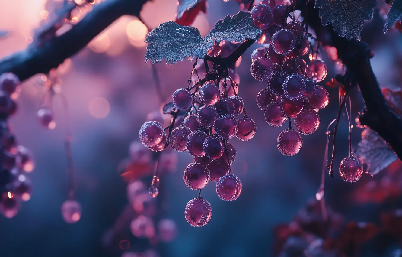 Photo wallpaper leaves, drops, branches, transparent, background, grapes, lilac, bokeh