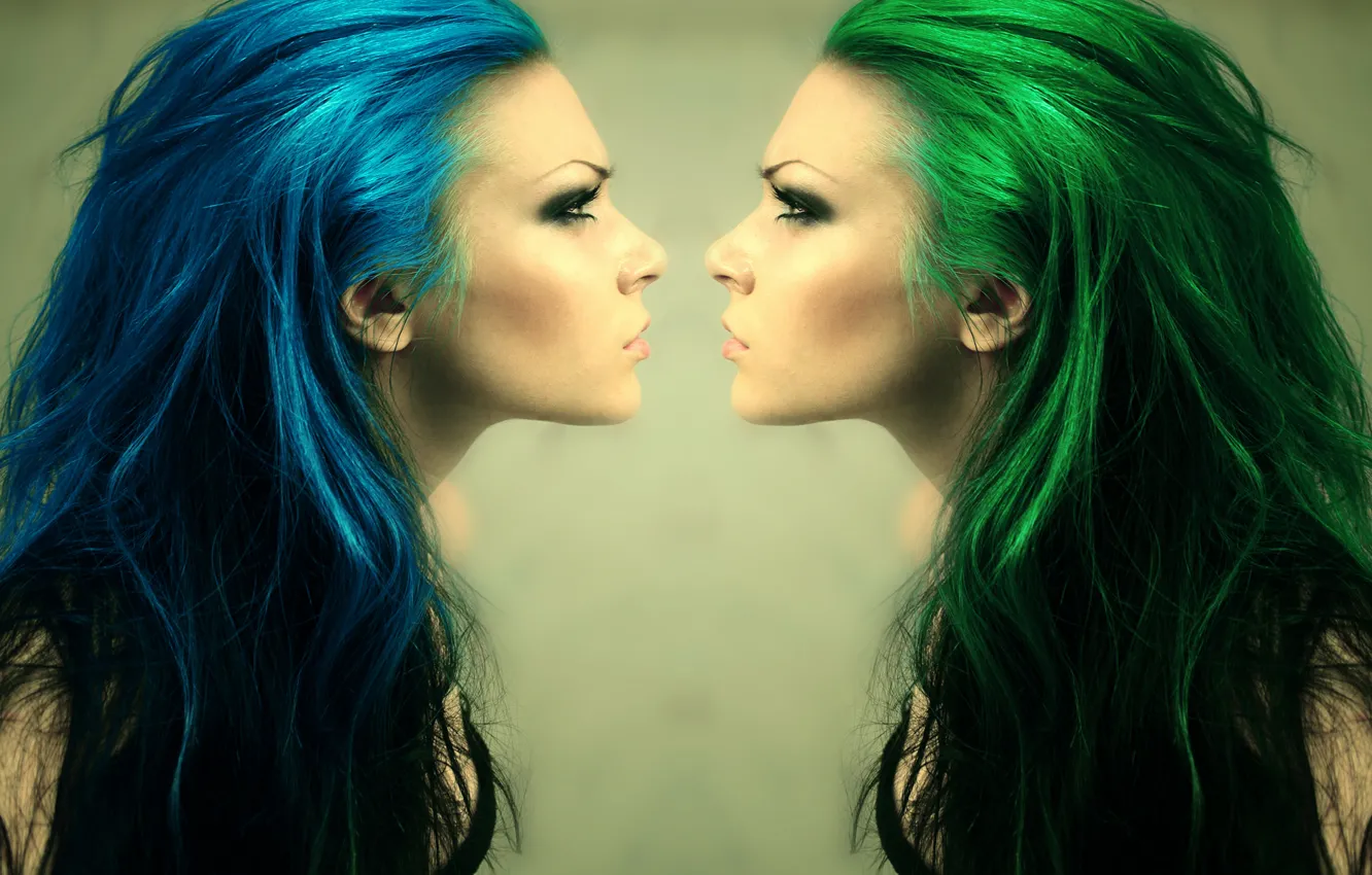 Photo wallpaper girl, face, hair, green, profile, blue, to face