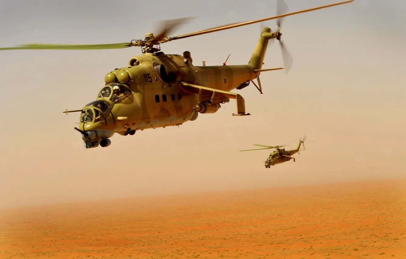 Photo wallpaper Dust, Desert, Flight, Height, Mi-24, Helicopter, Helicopters, Transport-combat